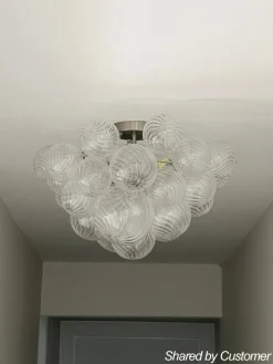 3-Light Brass Cluster Ribbed Glass Bubble Semi Flush Chandelier