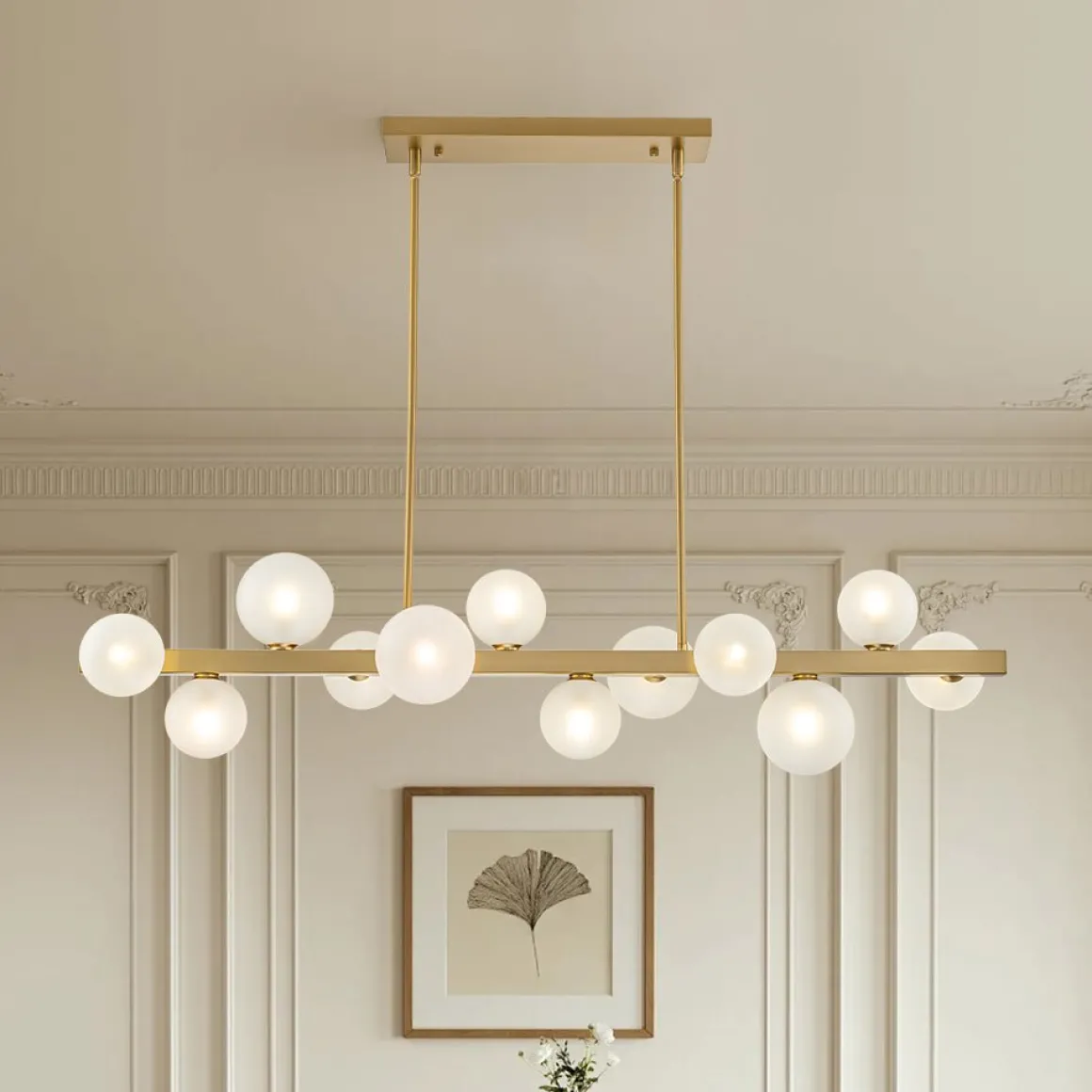 12-Light Brass Frosted Glass Bubble Linear Chandelier