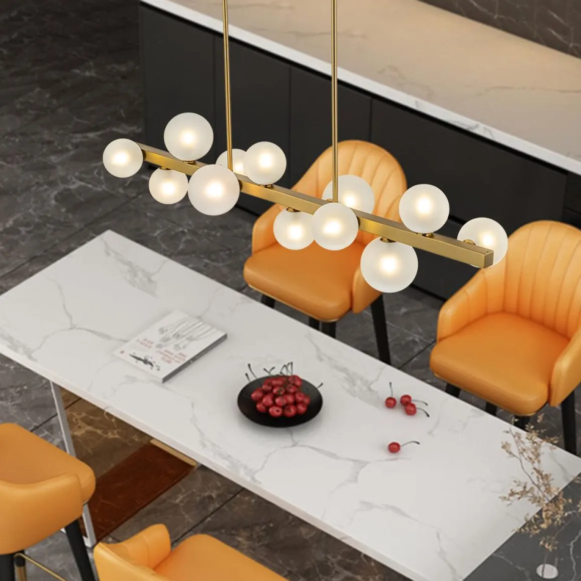 12-Light Brass Frosted Glass Bubble Linear Chandelier