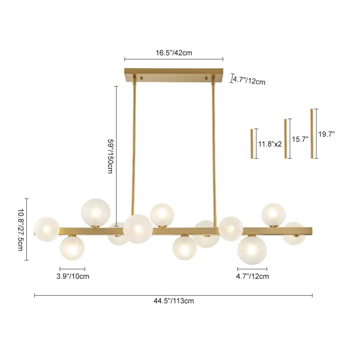 12-Light Brass Frosted Glass Bubble Linear Chandelier
