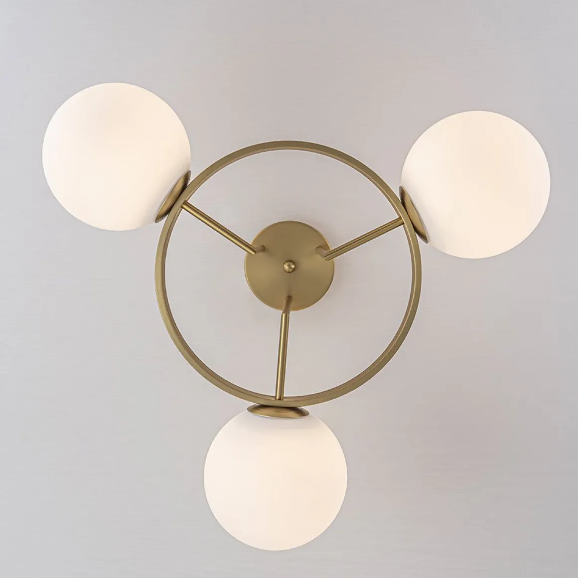 3-Light Brass Opal Glass Globe Round Ring Semi Flush Mount