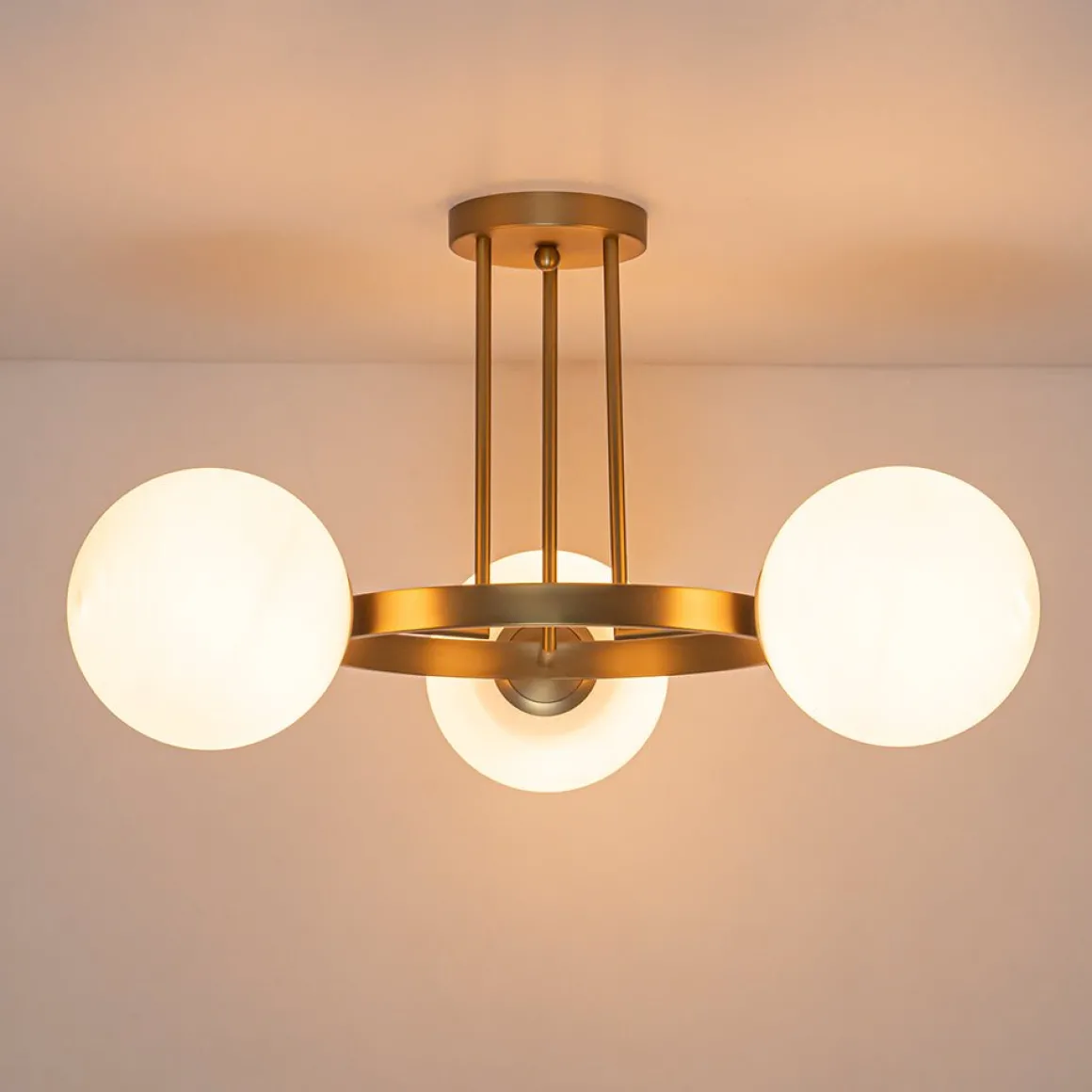 3-Light Brass Opal Glass Globe Round Ring Semi Flush Mount