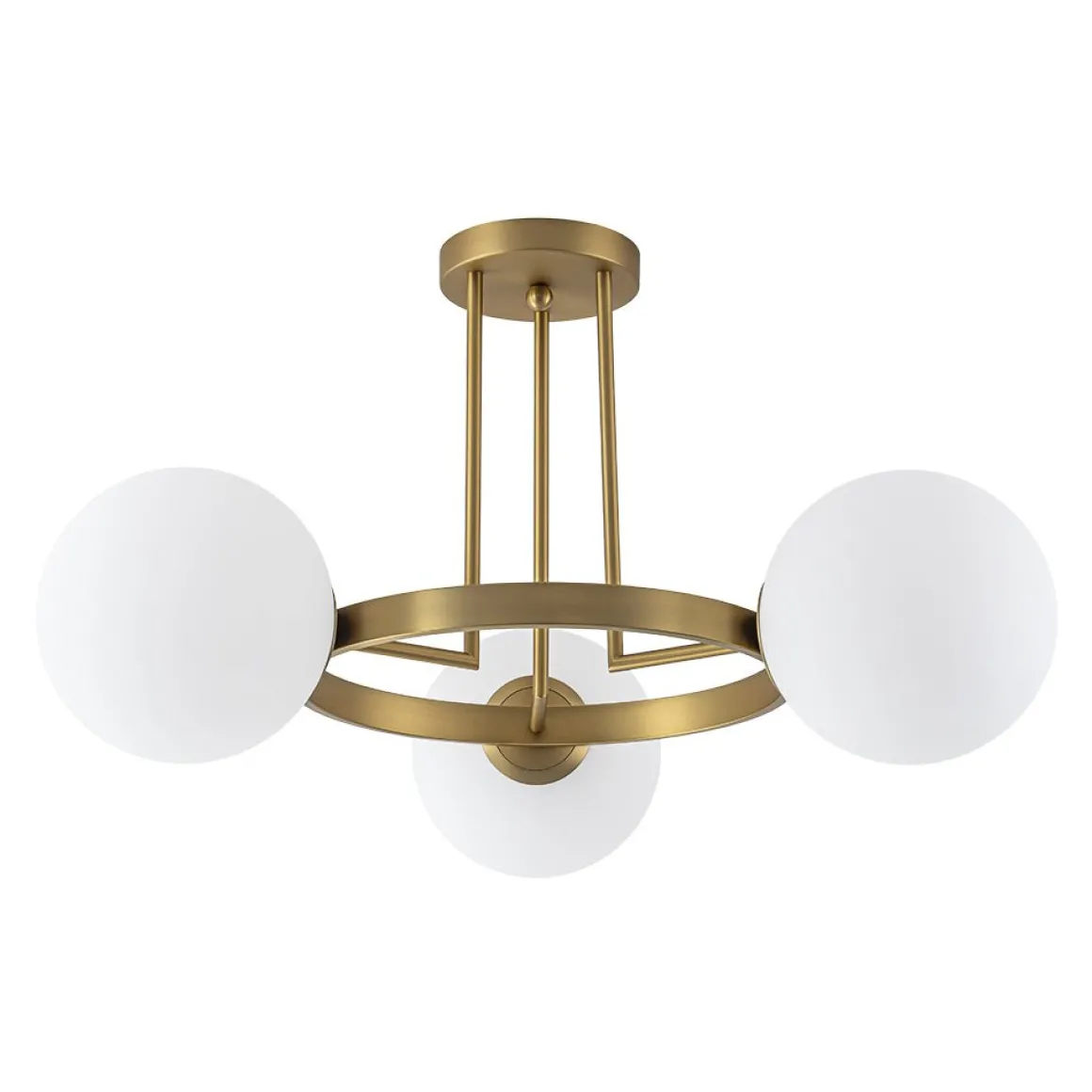 3-Light Brass Opal Glass Globe Round Ring Semi Flush Mount
