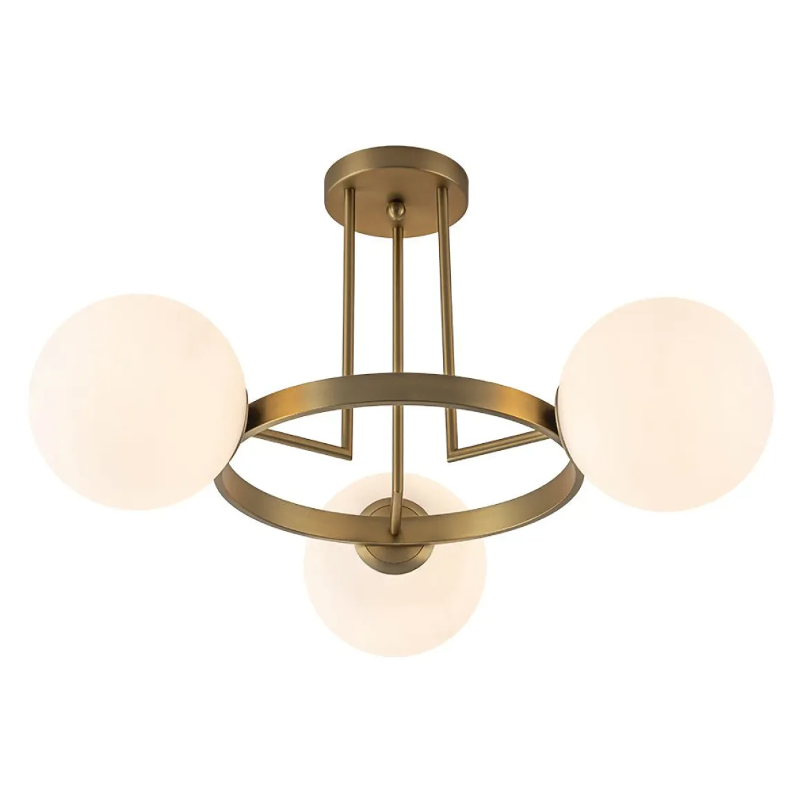 3-Light Brass Opal Glass Globe Round Ring Semi Flush Mount