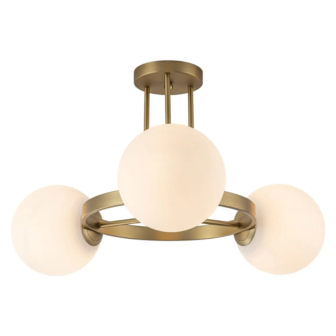 3-Light Brass Opal Glass Globe Round Ring Semi Flush Mount