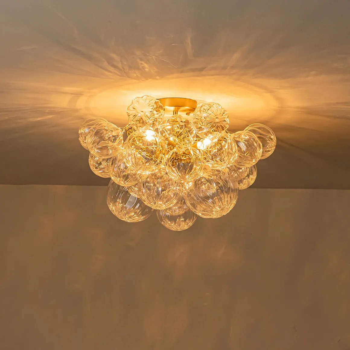 3-Light Brass Sculpture Glass Globe Bubble Semi Flush Chandelier