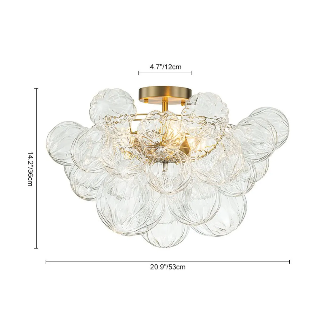 3-Light Brass Sculpture Glass Globe Bubble Semi Flush Chandelier