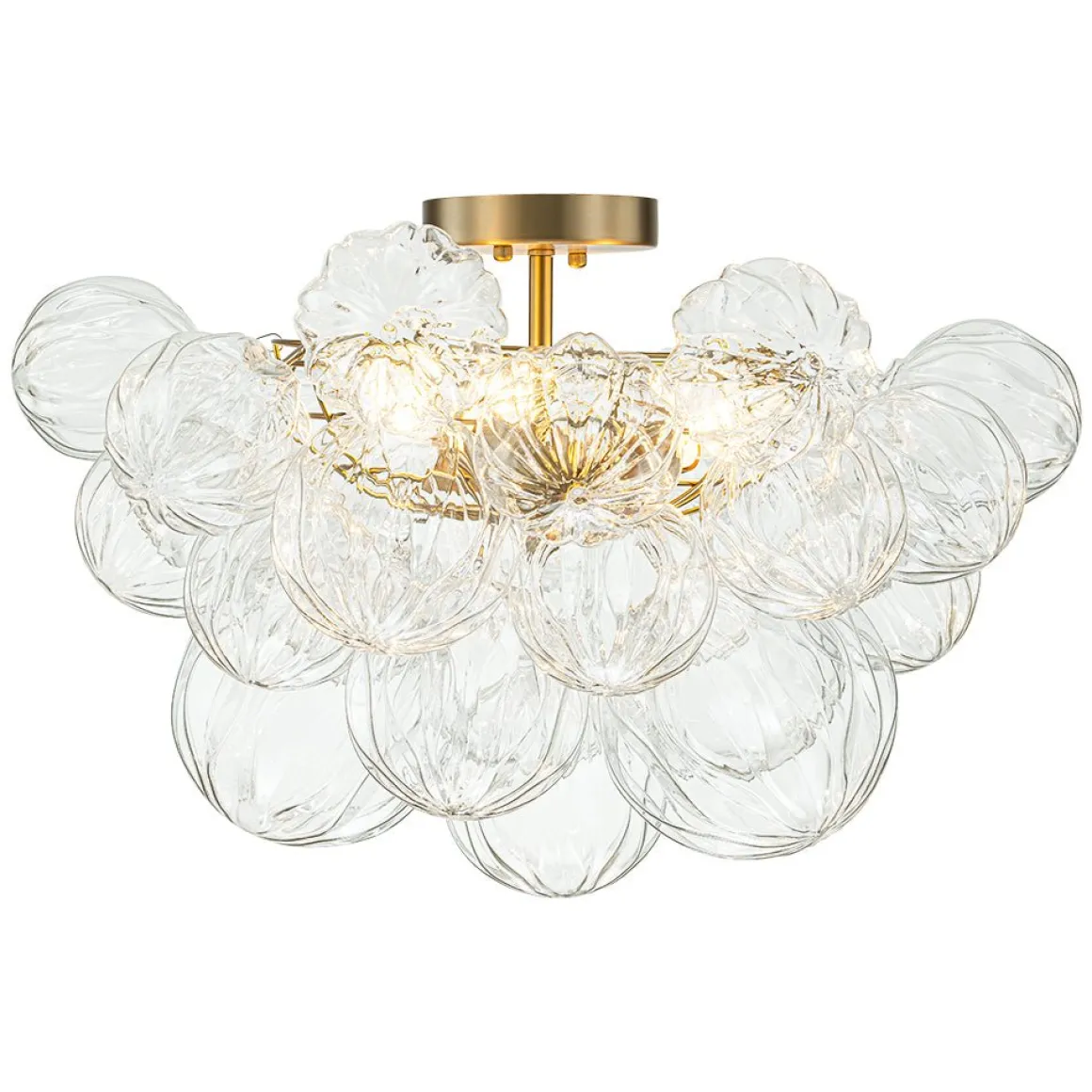 3-Light Brass Sculpture Glass Globe Bubble Semi Flush Chandelier