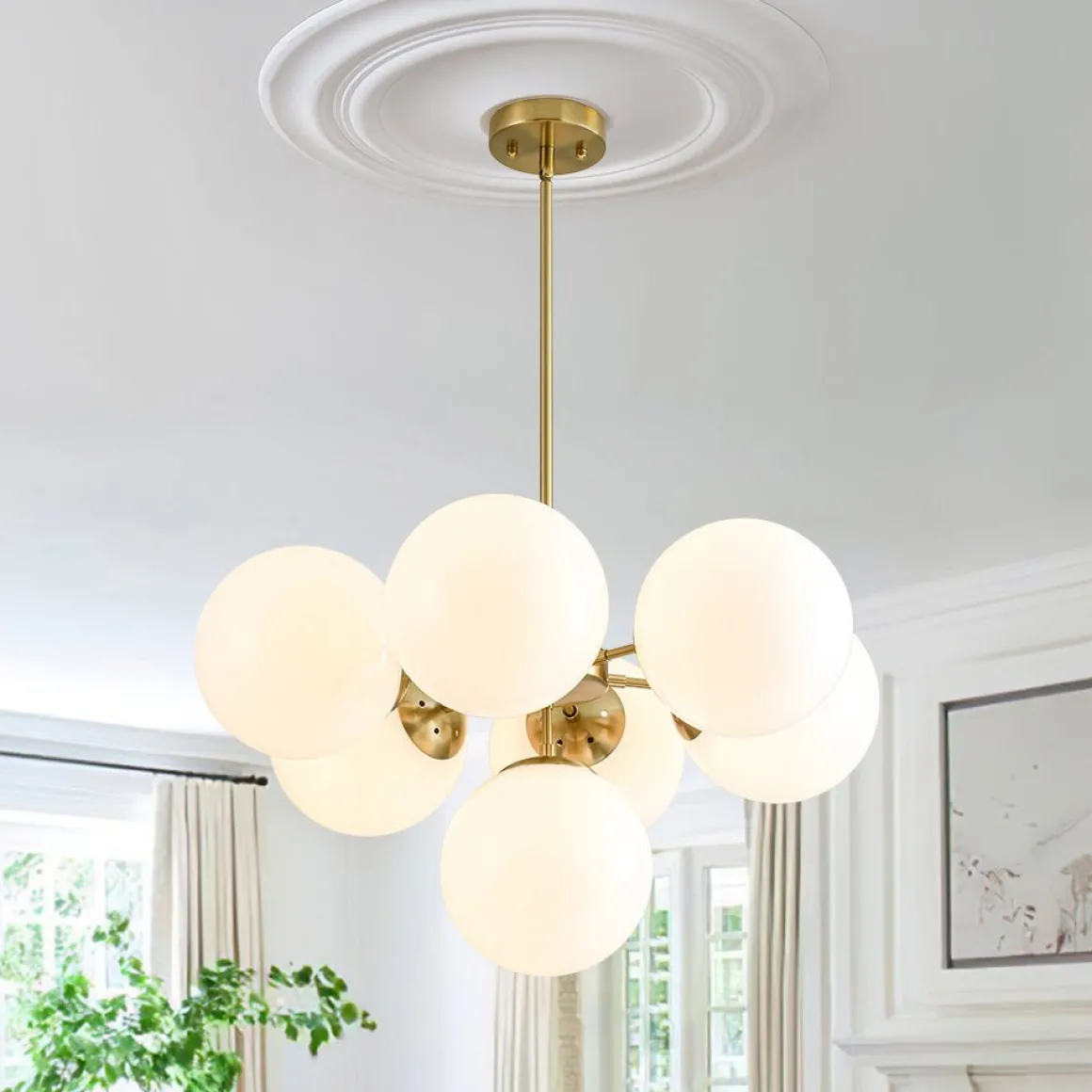 7-light Brass Sputnik Opal Glass Globe Bubble Chandelier