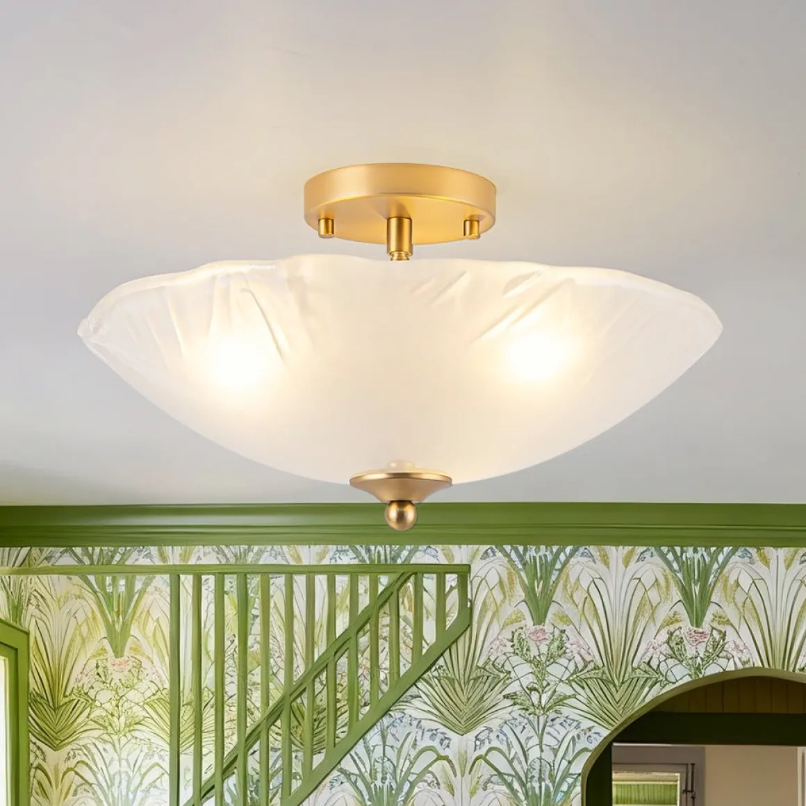 3-Light Brass Textured Glass Bowl Round Semi Flush Mount