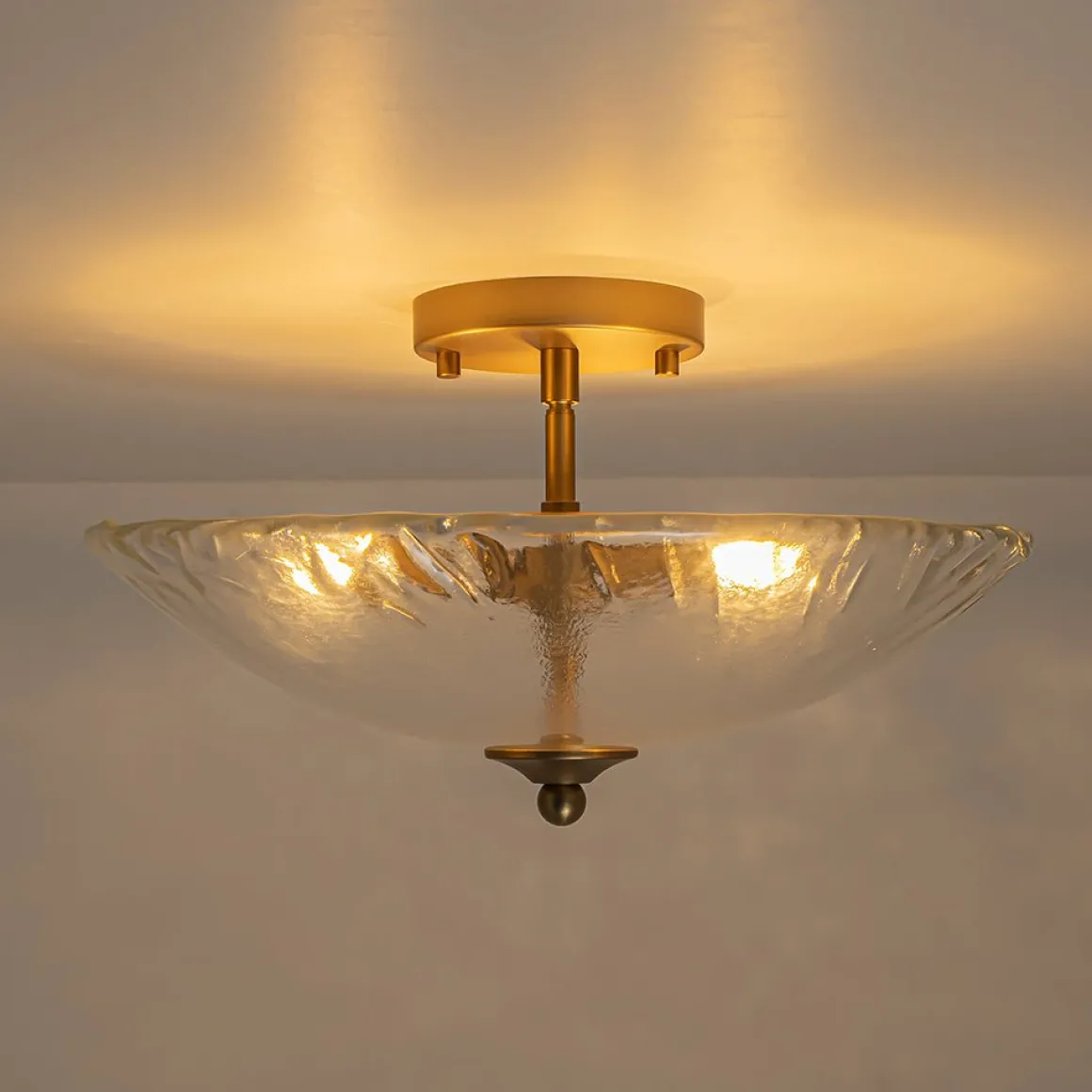 3-Light Brass Textured Glass Bowl Round Semi Flush Mount