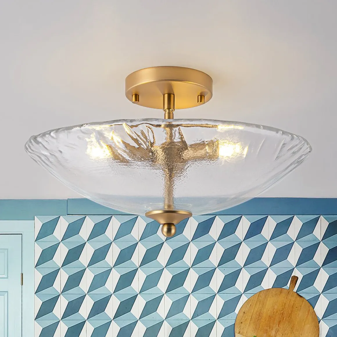 3-Light Brass Textured Glass Bowl Round Semi Flush Mount