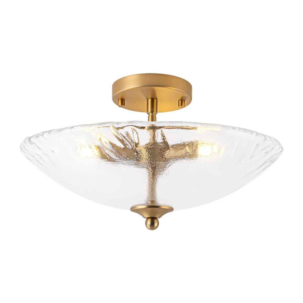 3-Light Brass Textured Glass Bowl Round Semi Flush Mount
