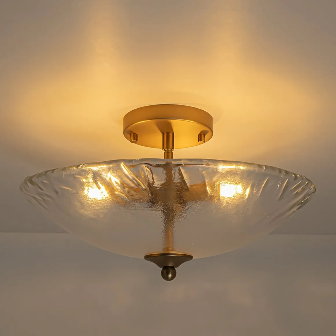 3-Light Brass Textured Glass Bowl Round Semi Flush Mount