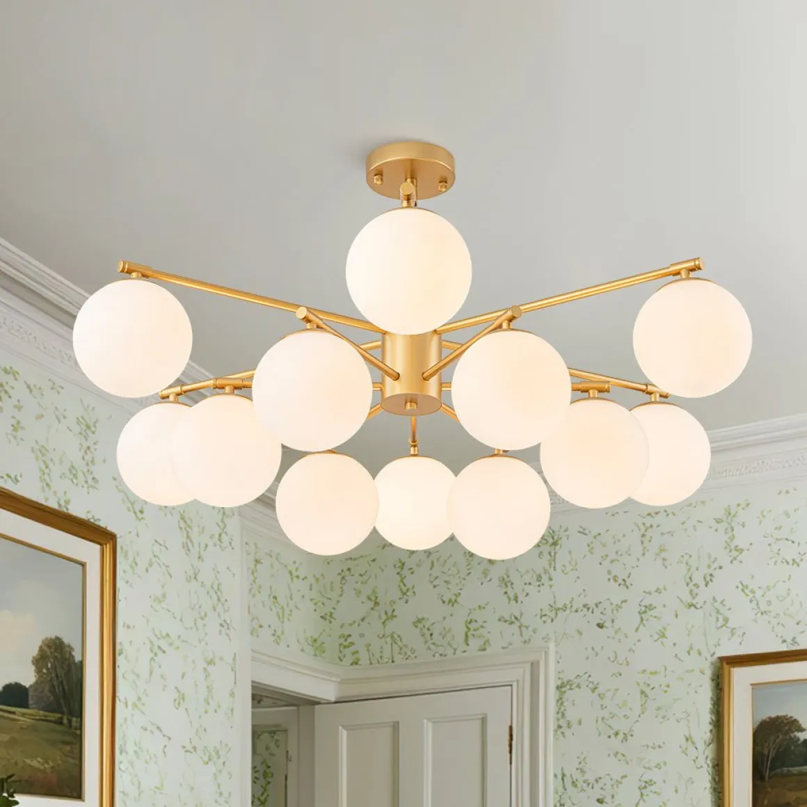 12-Light Brass Tiered Opal Glass Bubble Semi Flush Chandelier