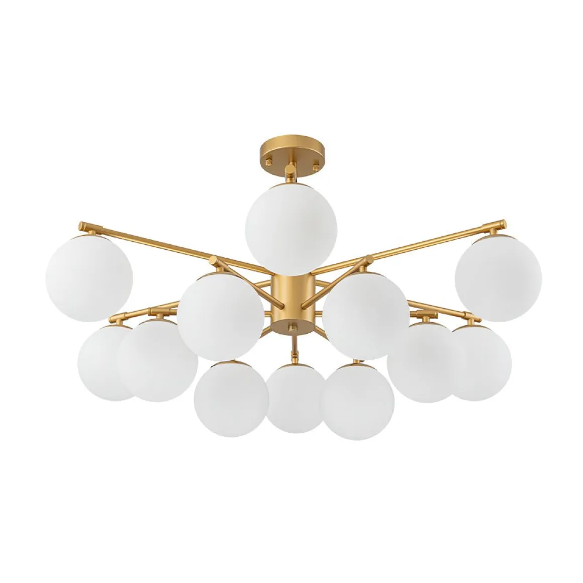 12-Light Brass Tiered Opal Glass Bubble Semi Flush Chandelier