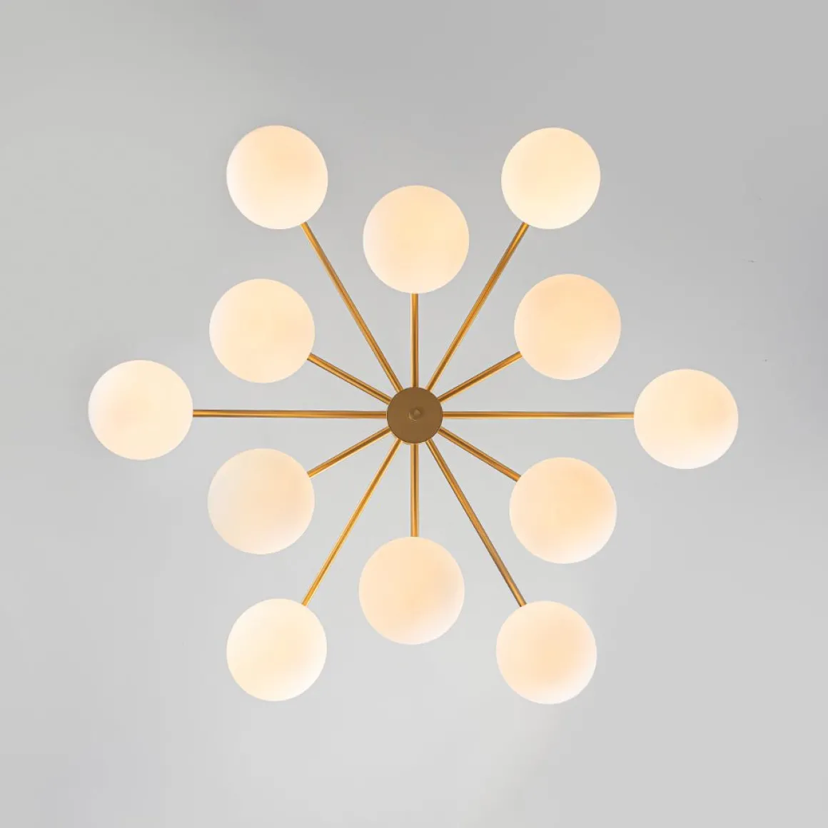 12-Light Brass Tiered Opal Glass Bubble Semi Flush Chandelier