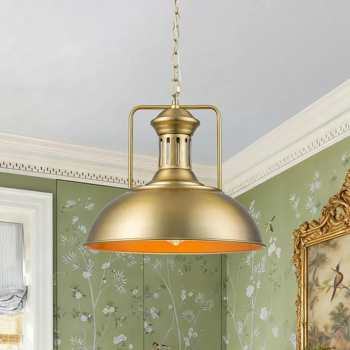1-Light Brushed Brass Iron Dome Kitchen Pendant