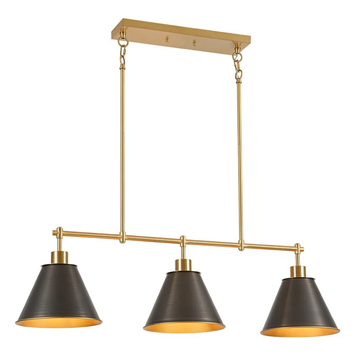 3-Light Brushed Gold Black Cone Island Chandelier