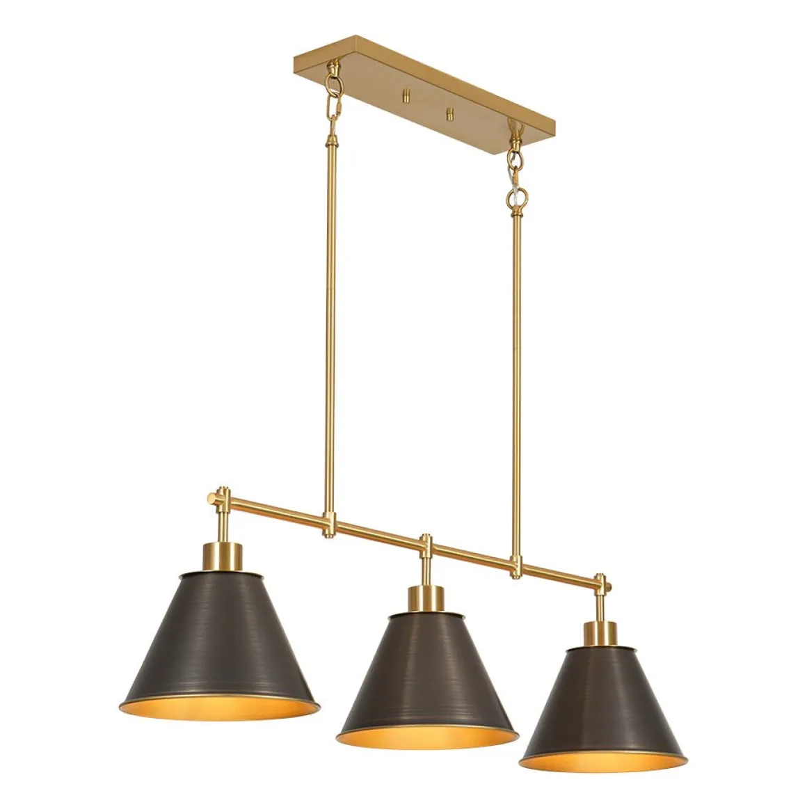 3-Light Brushed Gold Black Cone Island Chandelier