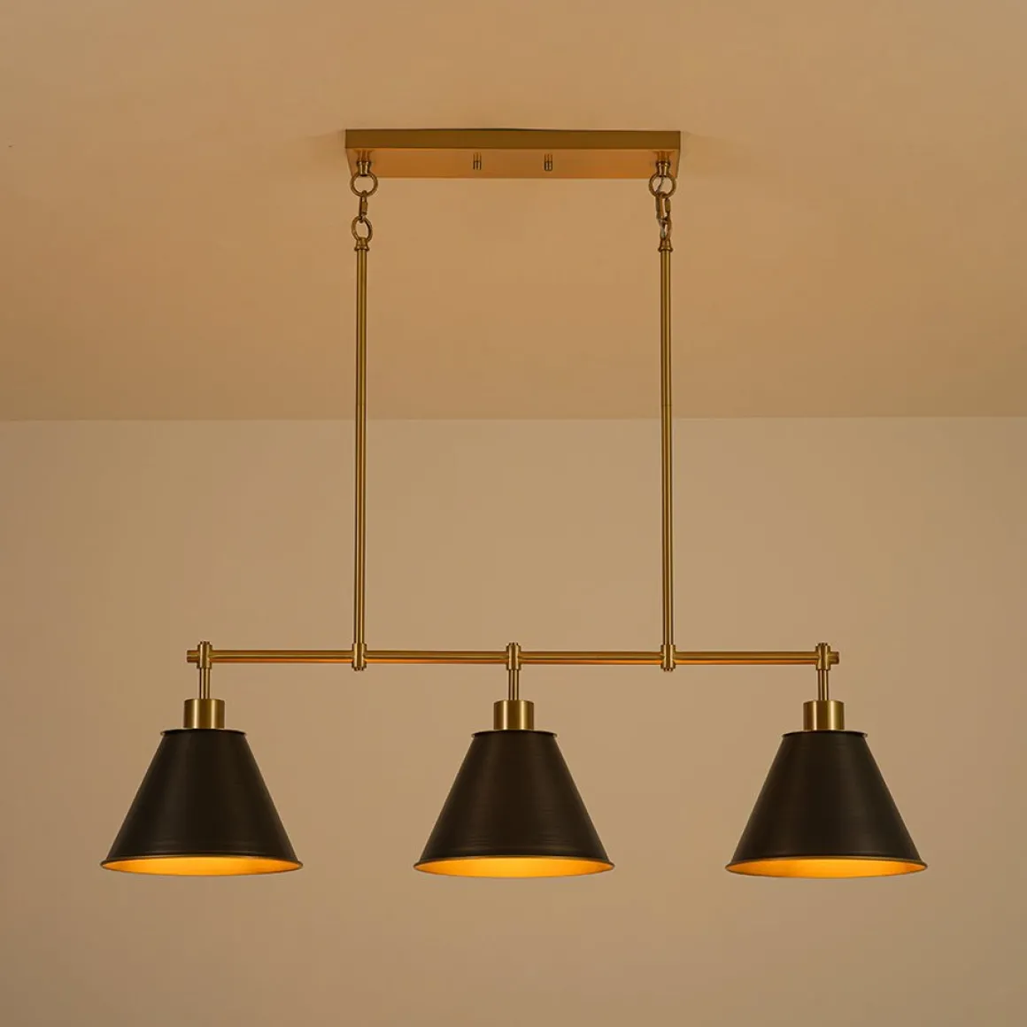 3-Light Brushed Gold Black Cone Island Chandelier