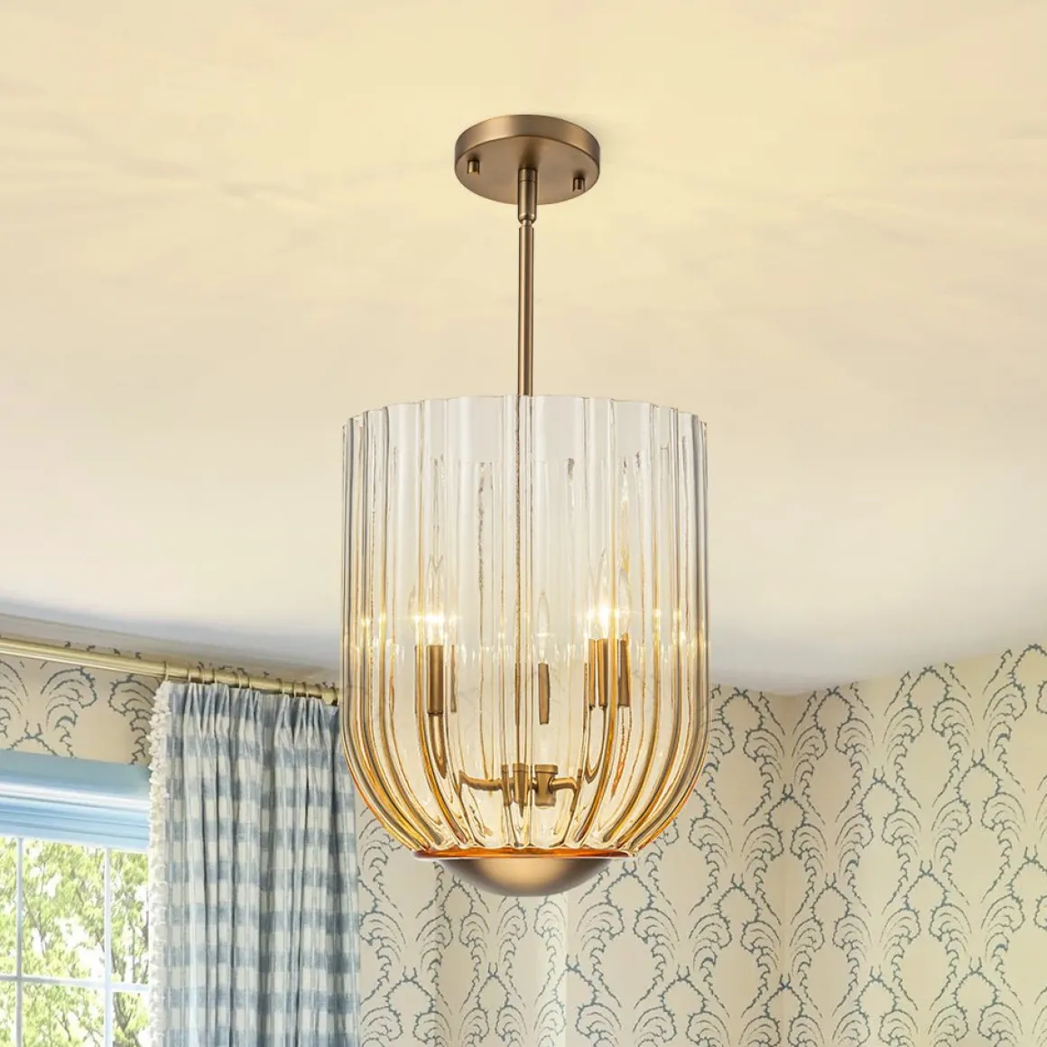 3-Light Candle Style Bell Ribbed Tinted Glass Ceiling Pendant