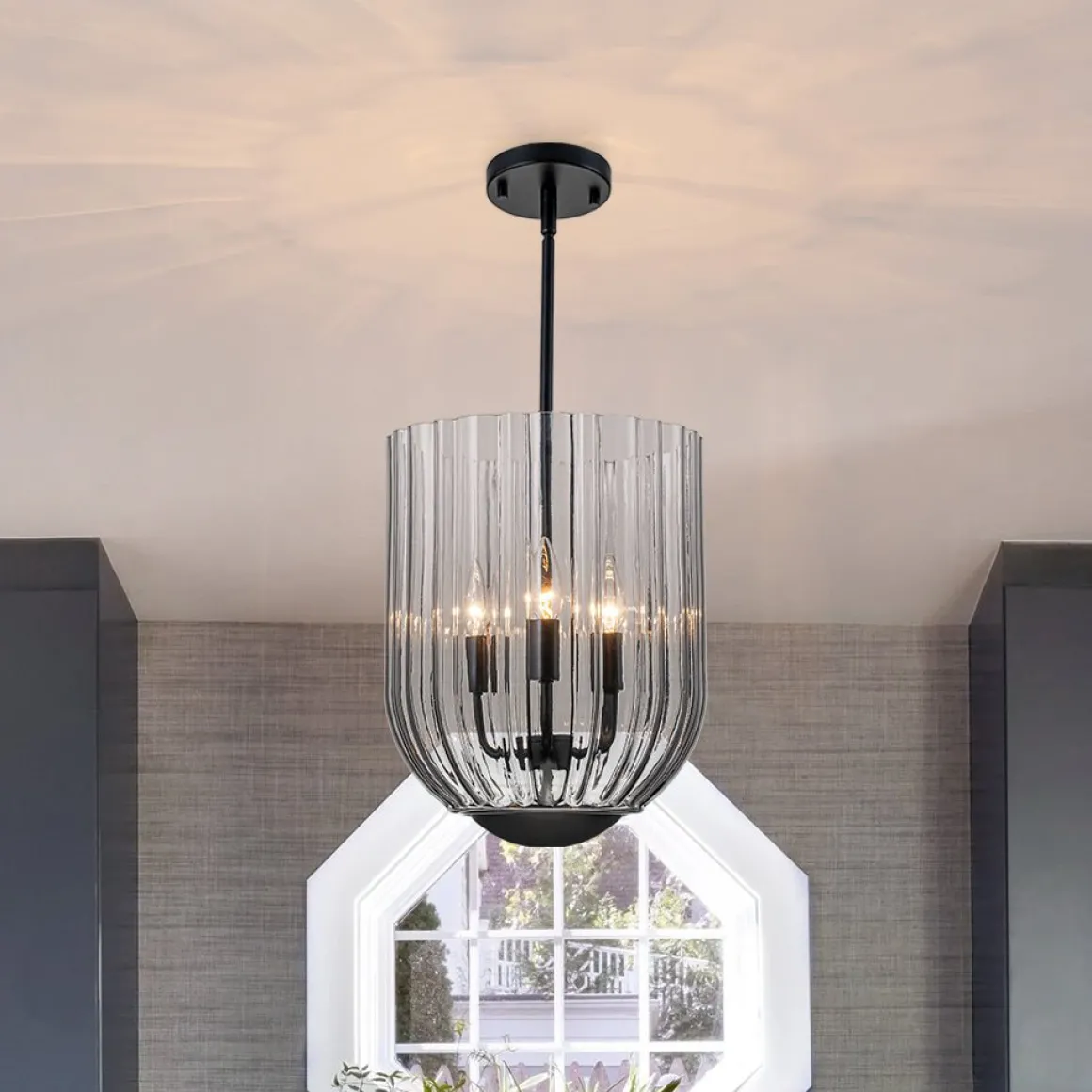3-Light Candle Style Bell Ribbed Tinted Glass Ceiling Pendant