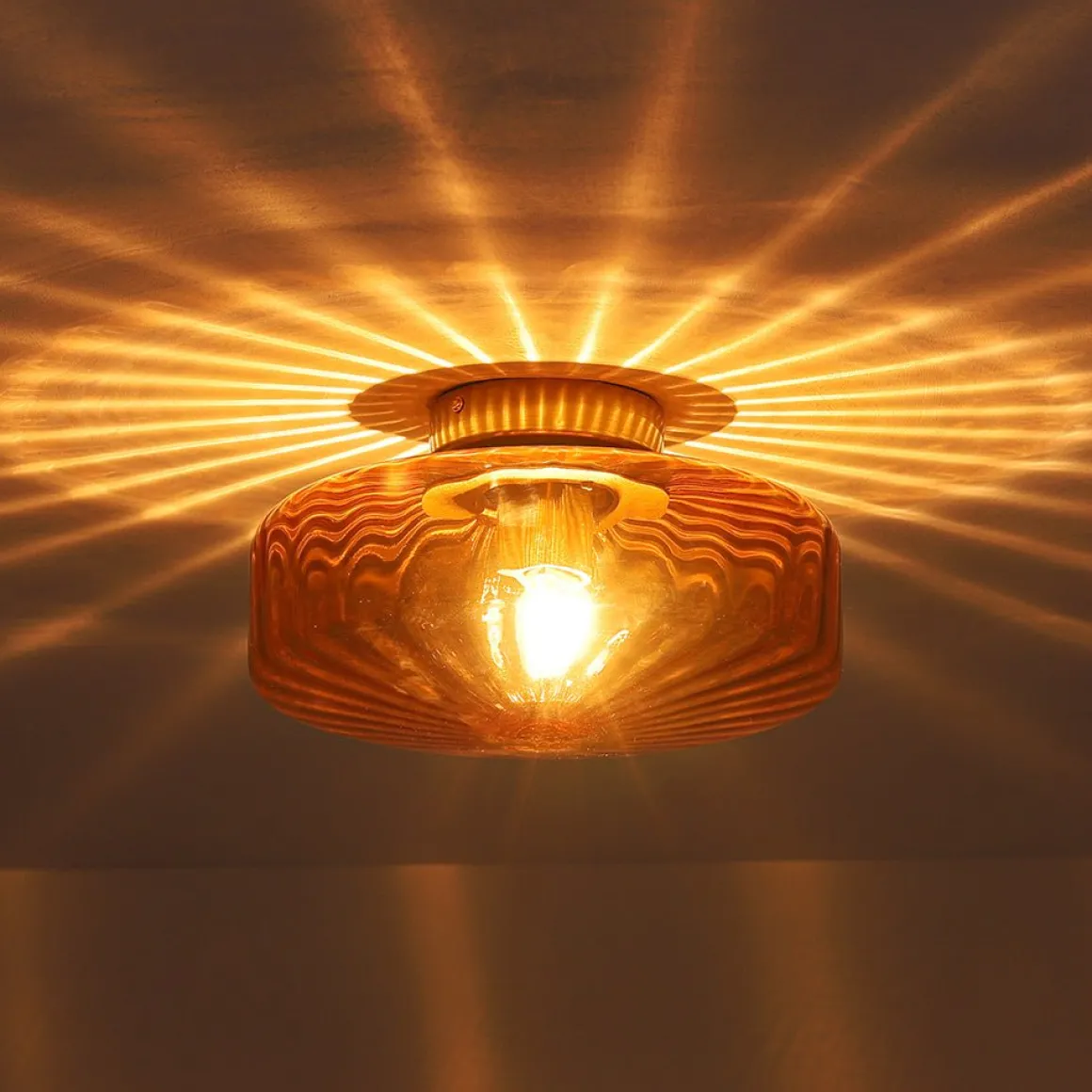 1-Light Caramel Amber Ribbed Glass Round Semi Flush Mount