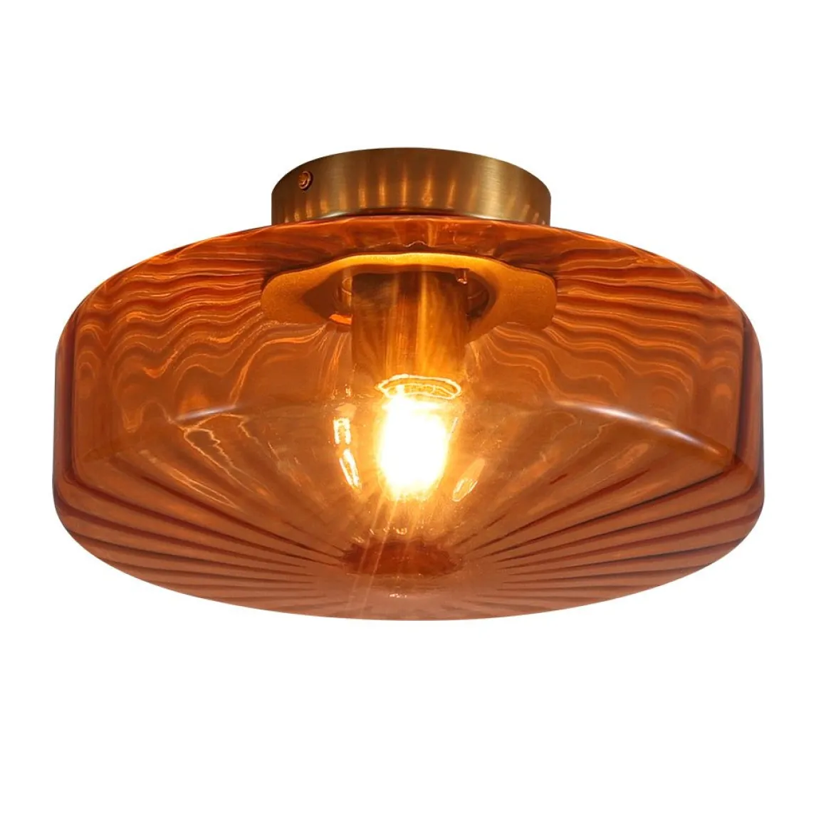 1-Light Caramel Amber Ribbed Glass Round Semi Flush Mount