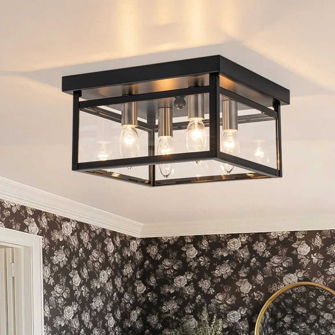 4-Light Clear Glass Black Square Cage Flush Mount Ceiling Light