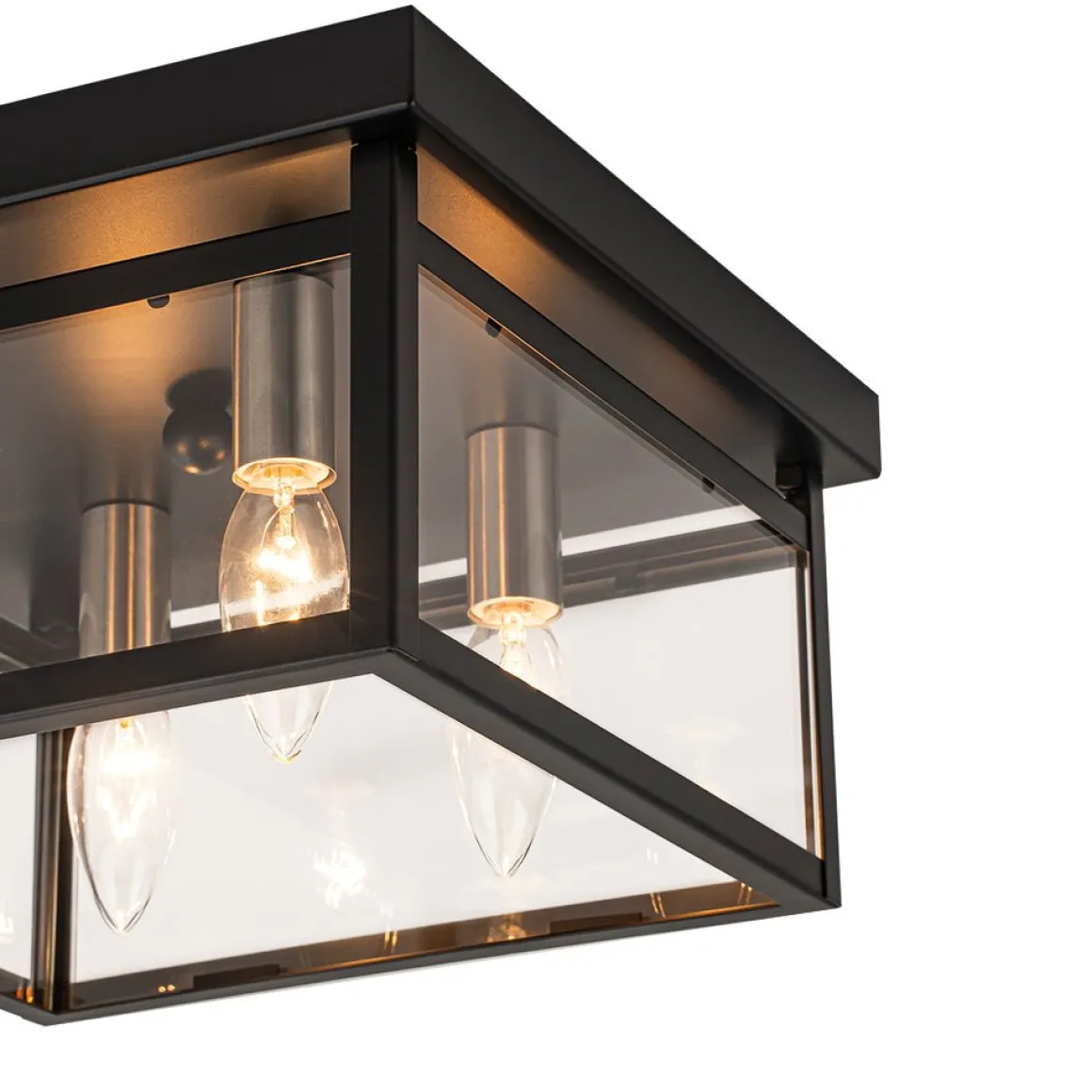 4-Light Clear Glass Black Square Cage Flush Mount Ceiling Light
