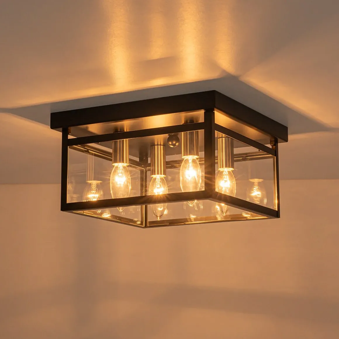 4-Light Clear Glass Black Square Cage Flush Mount Ceiling Light