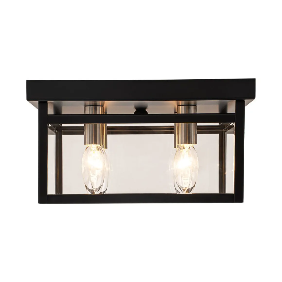 4-Light Clear Glass Black Square Cage Flush Mount Ceiling Light