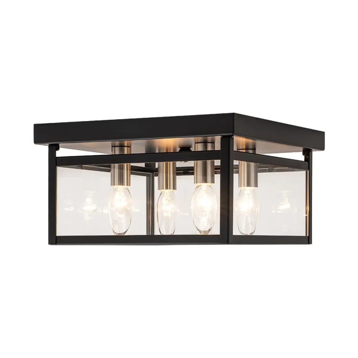 4-Light Clear Glass Black Square Cage Flush Mount Ceiling Light