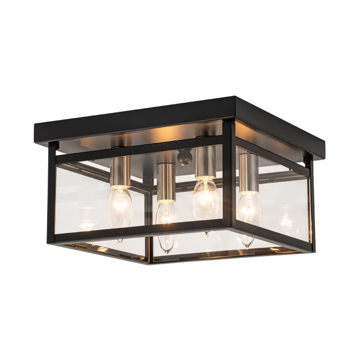 4-Light Clear Glass Black Square Cage Flush Mount Ceiling Light