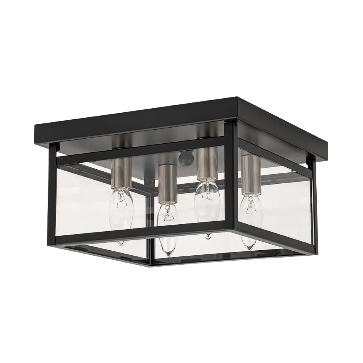 4-Light Clear Glass Black Square Cage Flush Mount Ceiling Light