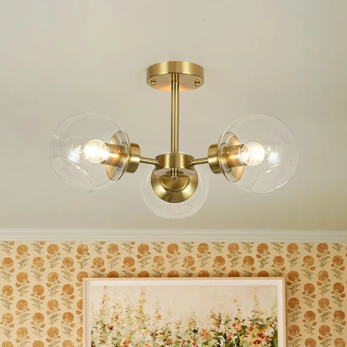 3-Light Clear Glass Globe Sputnik Semi Flush Mount