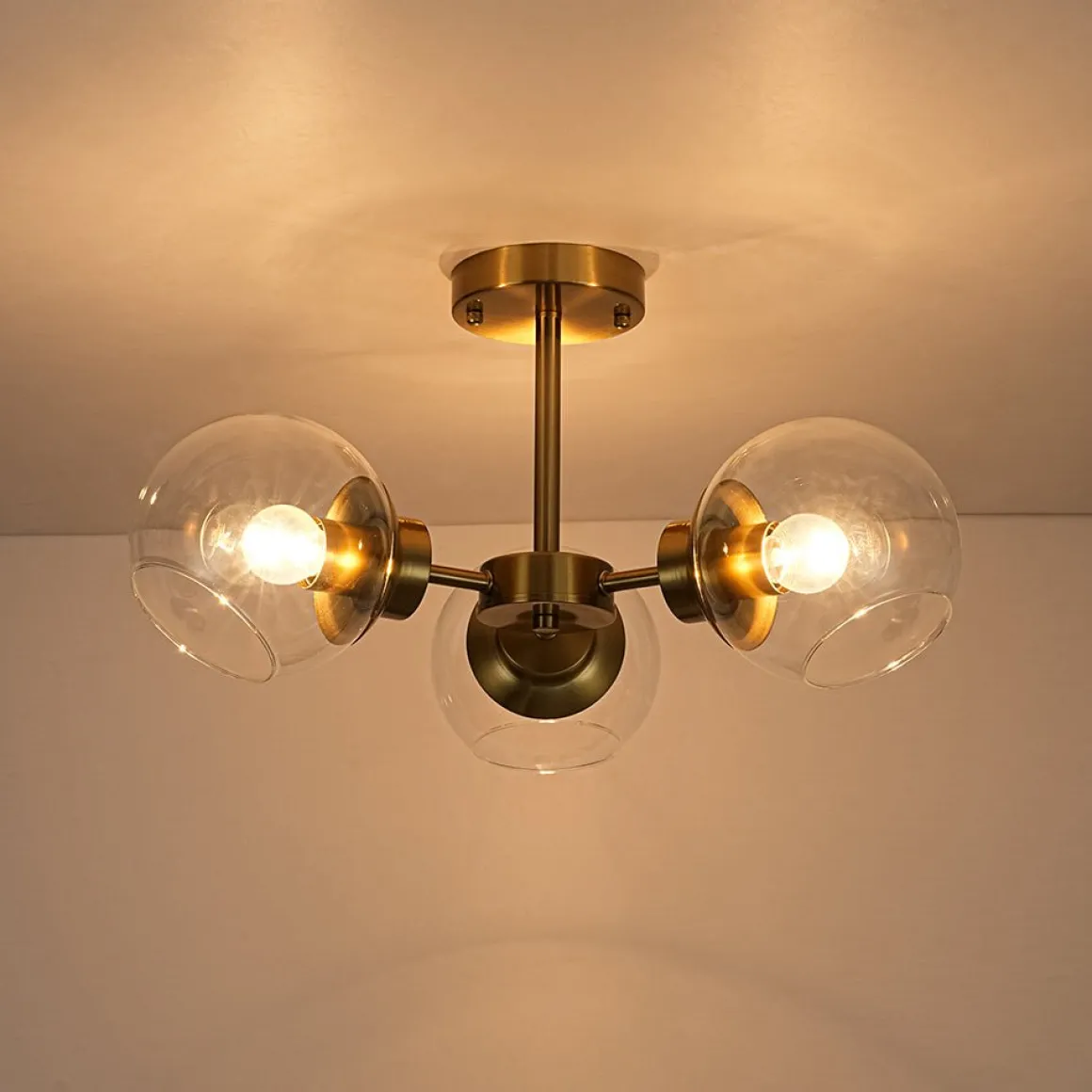 3-Light Clear Glass Globe Sputnik Semi Flush Mount