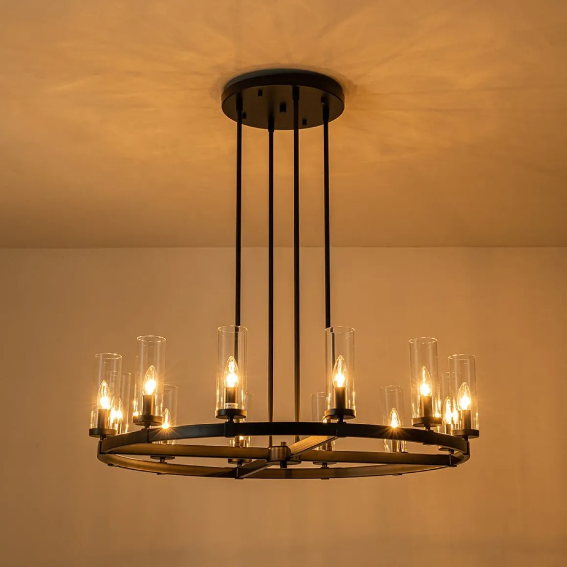 12-Light Clear Glass Shade Wagon Wheel Chandelier