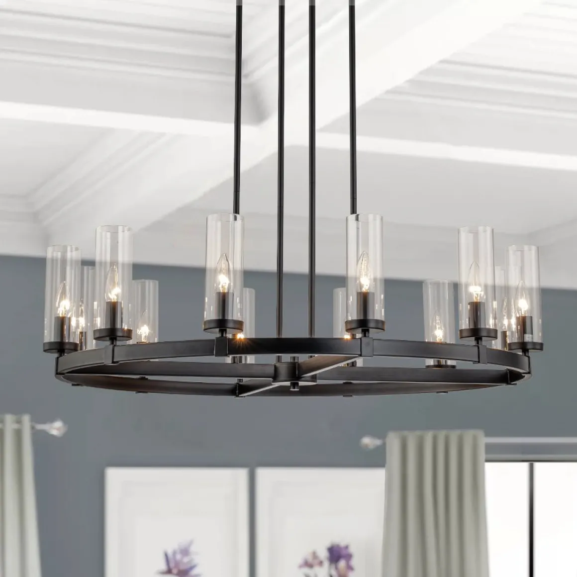 12-Light Clear Glass Shade Wagon Wheel Chandelier