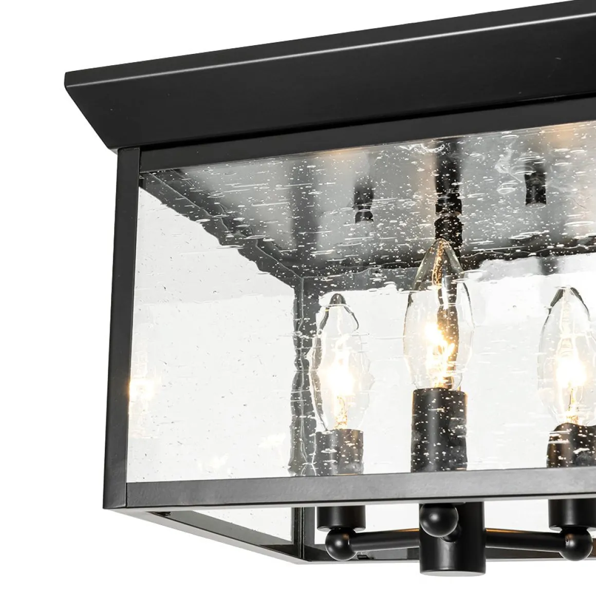 3-Light Clear Seeded Glass Black Square Cage Ceiling Light