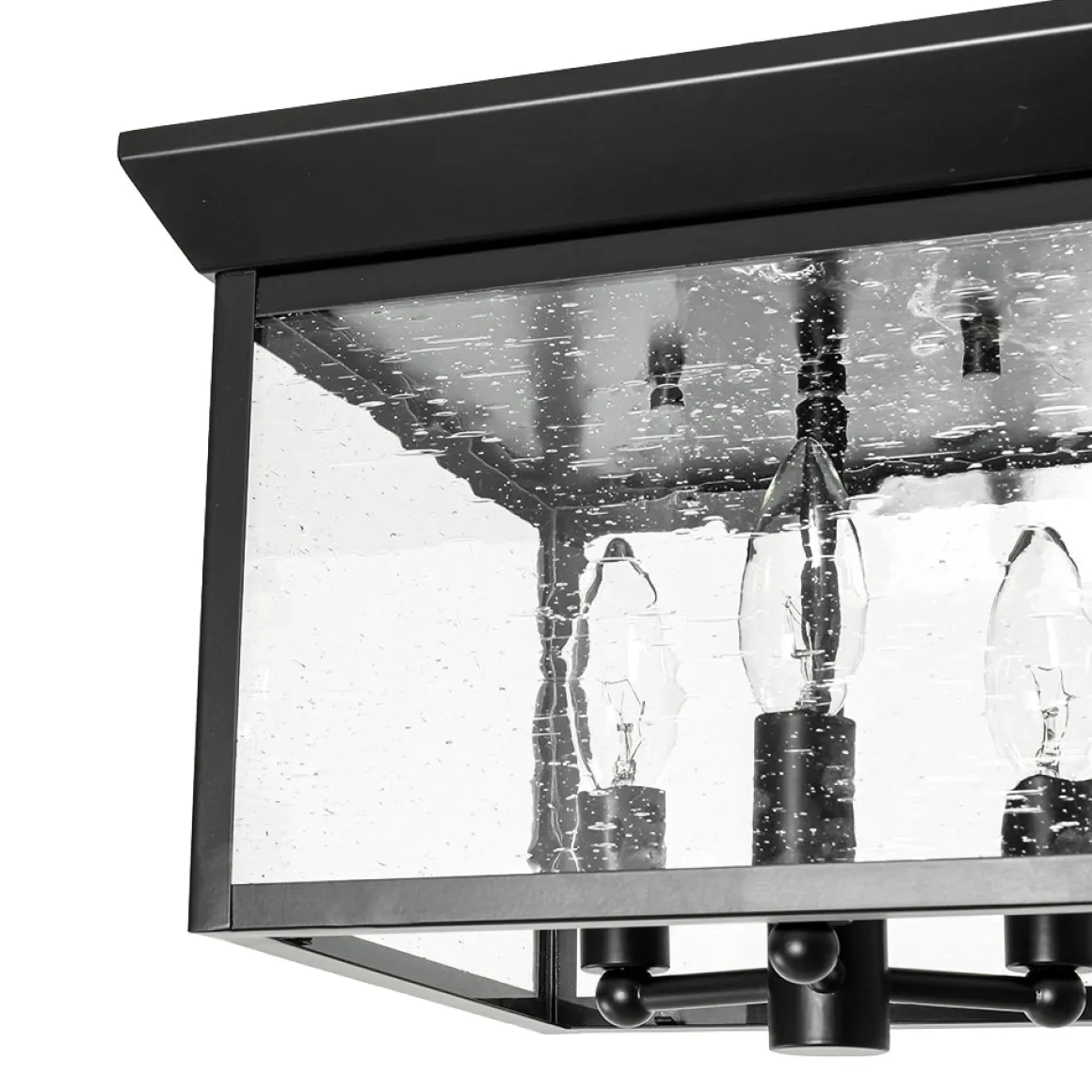3-Light Clear Seeded Glass Black Square Cage Ceiling Light