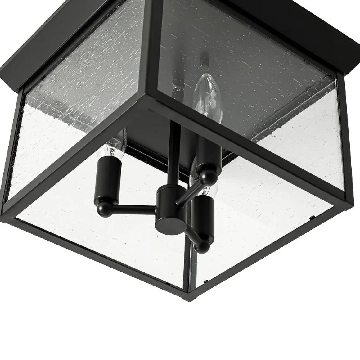 3-Light Clear Seeded Glass Black Square Cage Ceiling Light