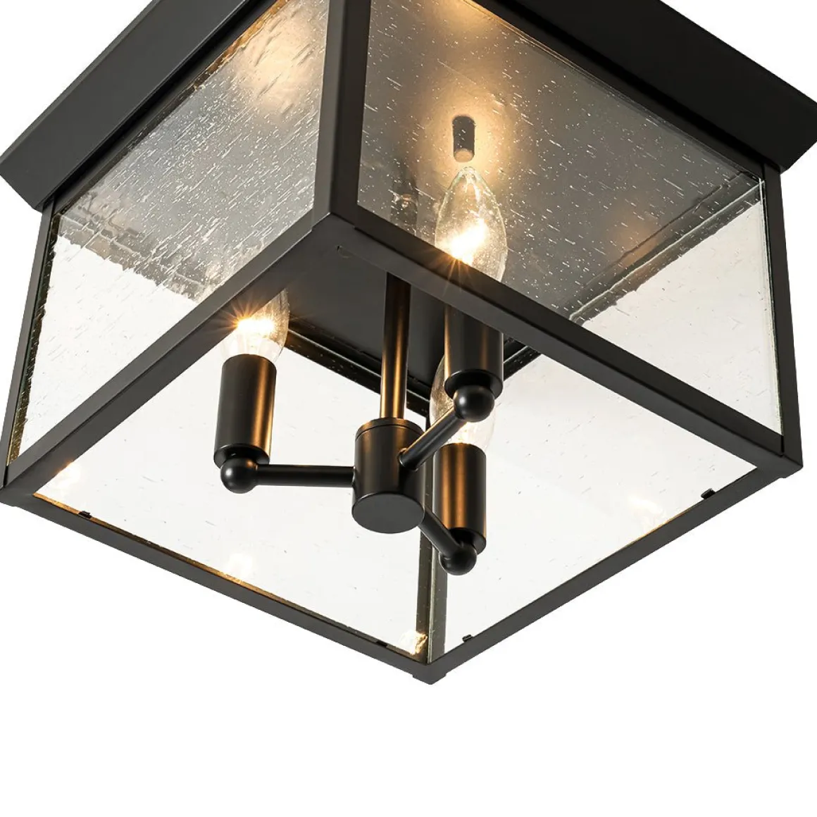 3-Light Clear Seeded Glass Black Square Cage Ceiling Light