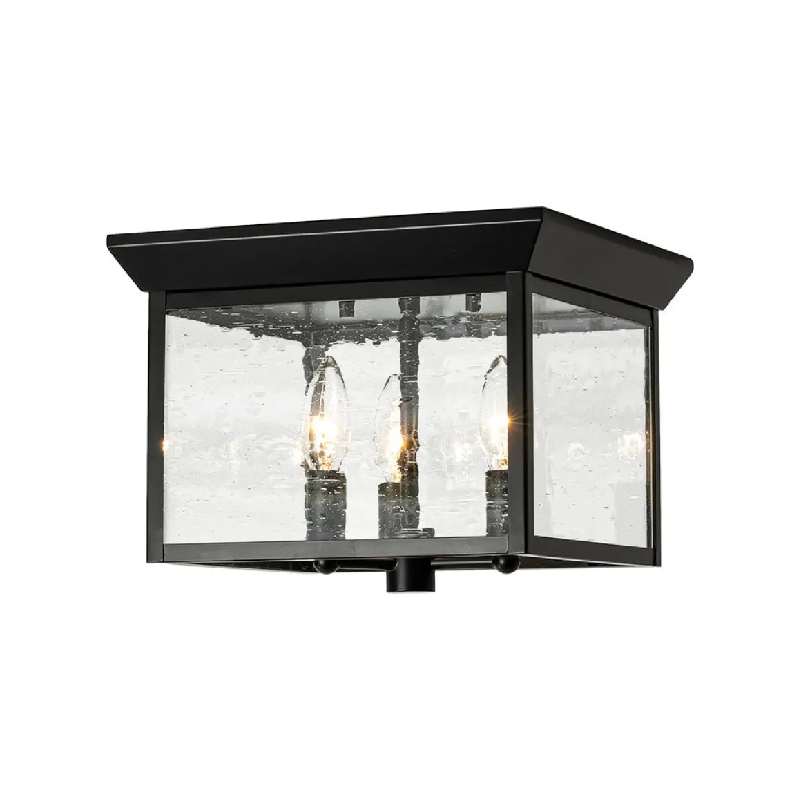 3-Light Clear Seeded Glass Black Square Cage Ceiling Light
