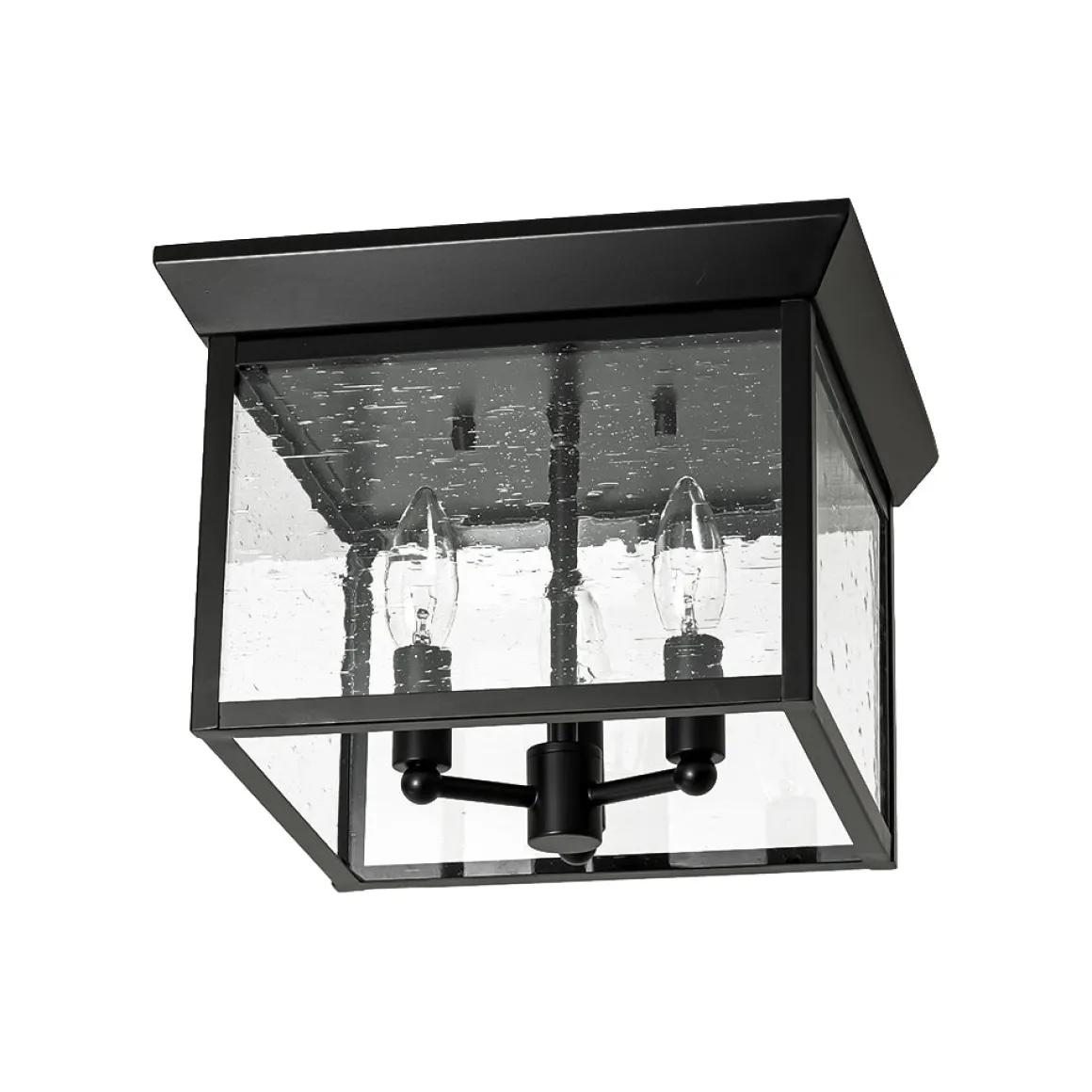 3-Light Clear Seeded Glass Black Square Cage Ceiling Light