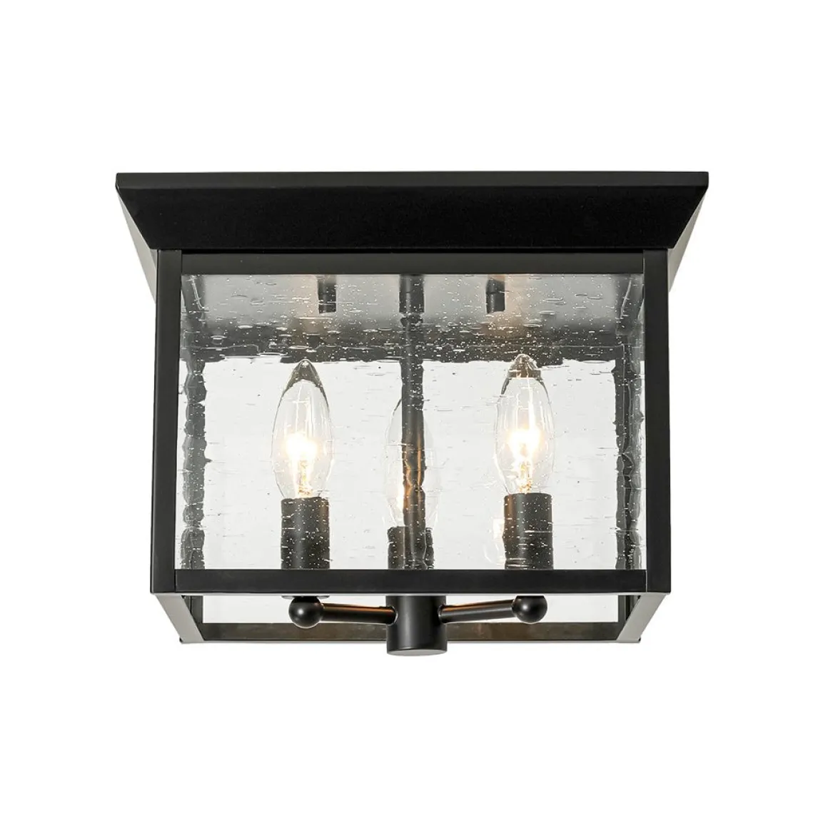 3-Light Clear Seeded Glass Black Square Cage Ceiling Light