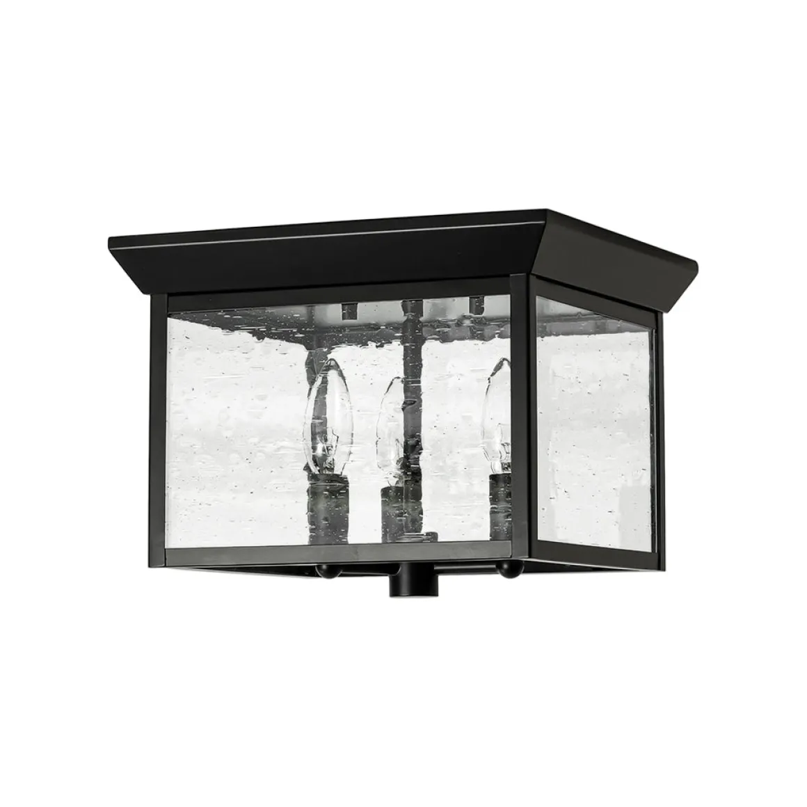 3-Light Clear Seeded Glass Black Square Cage Ceiling Light