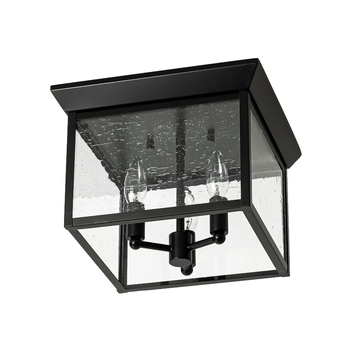 3-Light Clear Seeded Glass Black Square Cage Ceiling Light