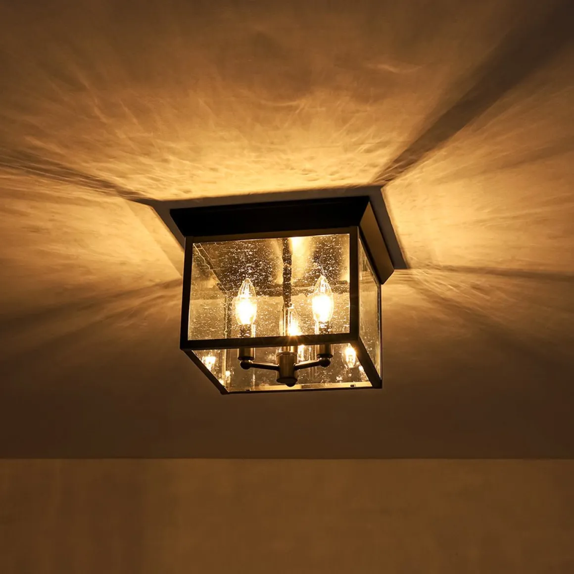 3-Light Clear Seeded Glass Black Square Cage Ceiling Light